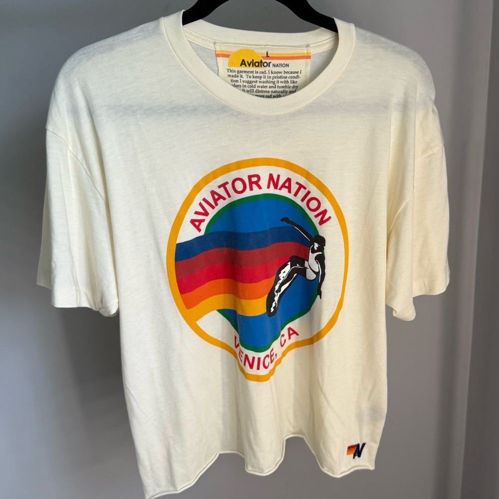 Aviator Nation White Graphic Tee with Rainbow Design